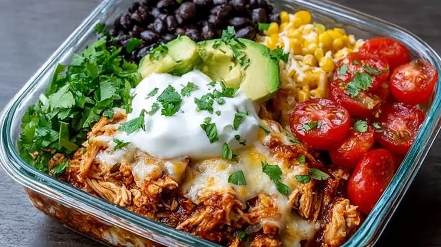 Delicious Chicken Enchilada Bowl with chicken, spices, and fresh toppings.
