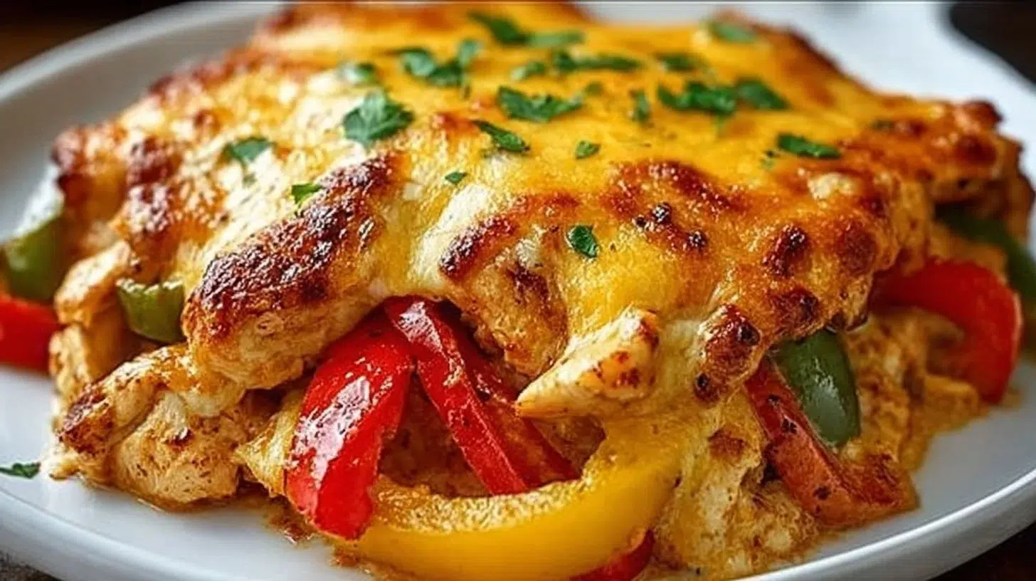 Delicious Chicken Fajita Casserole topped with cheese and fresh vegetables