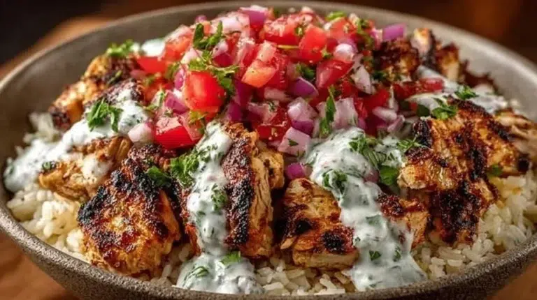 Delicious Chicken Gyro Bowl with fresh ingredients and savory spices.
