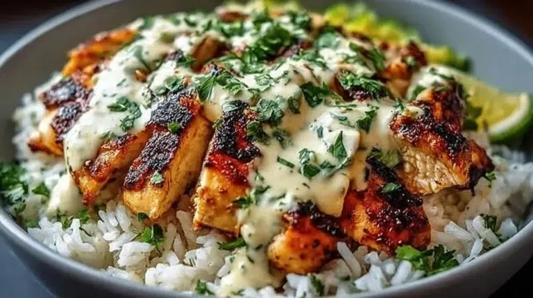 Delicious chicken rice bowls topped with creamy garlic sauce