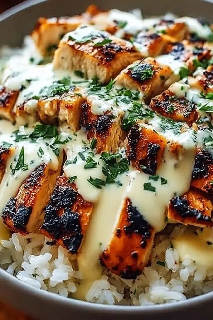 Chicken & Rice Bowls with Creamy Garlic Sauce