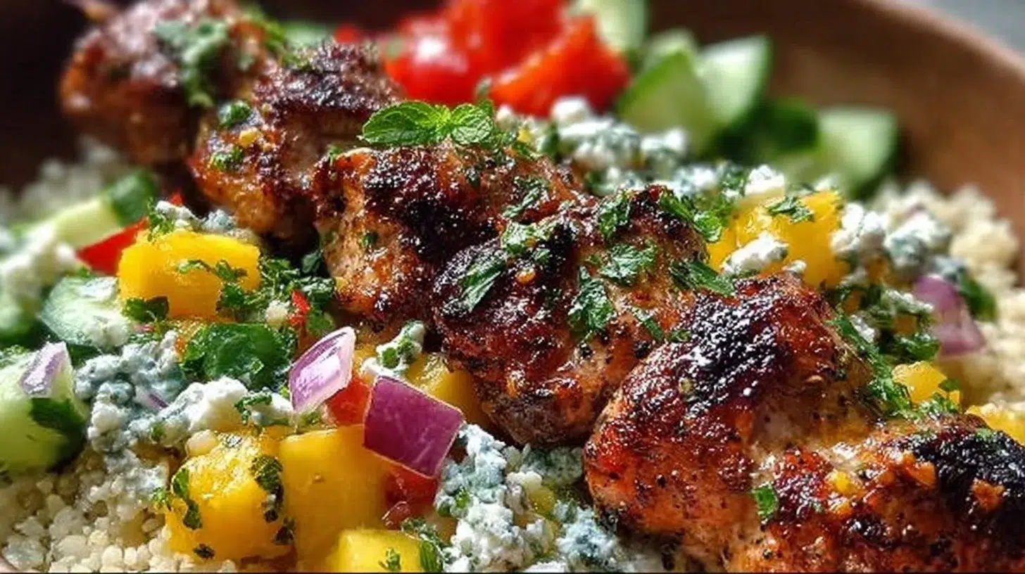 Chicken Skewer Mediterranean Bowl with mango cucumber salsa