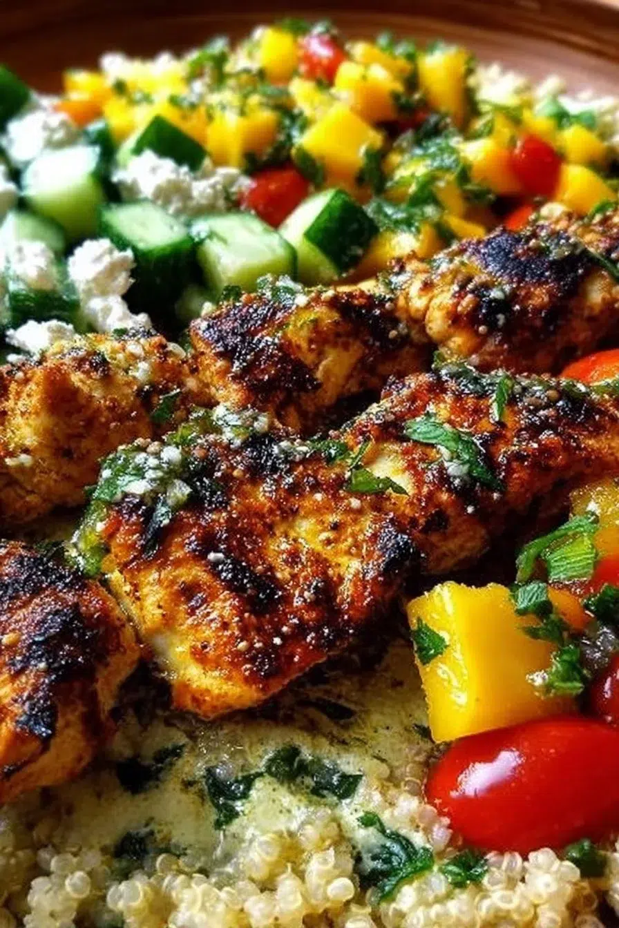 Chicken Skewer Mediterranean Bowl with Spring Mango Cucumber Salsa