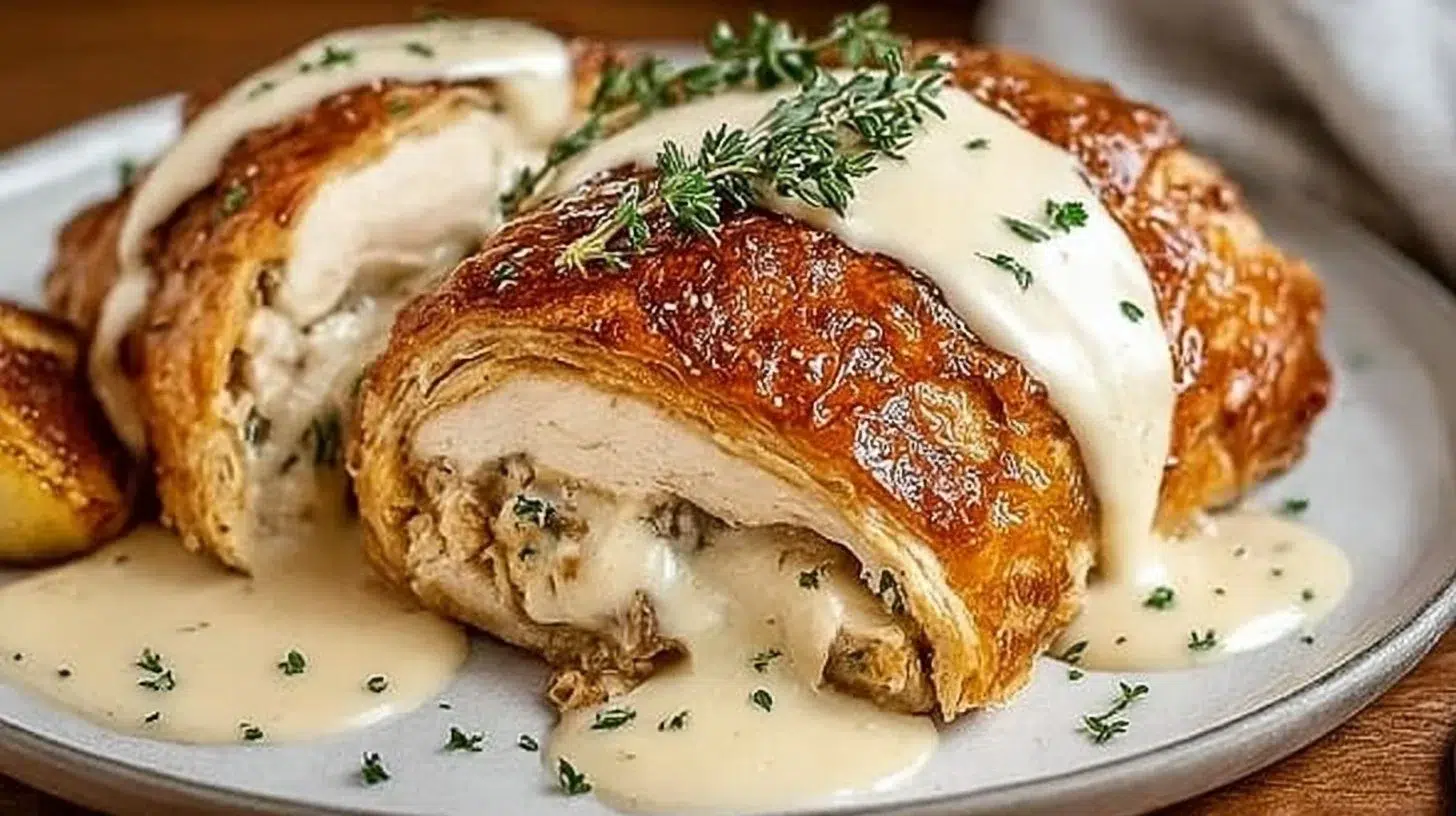 Delicious Chicken Wellington served with a rich Dijon Cream Sauce.