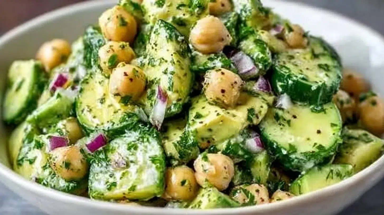 Chickpea Avocado Cucumber Salad with Lemon Dressing served in a bowl