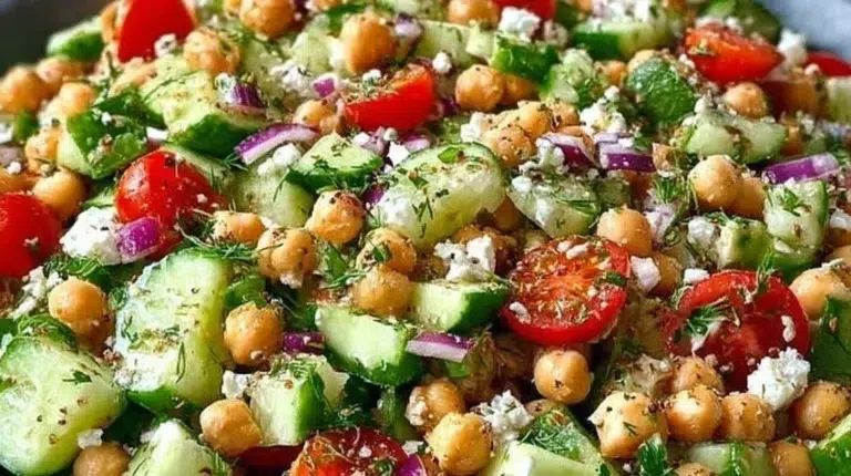 Chickpea cucumber salad with fresh ingredients in a bowl.