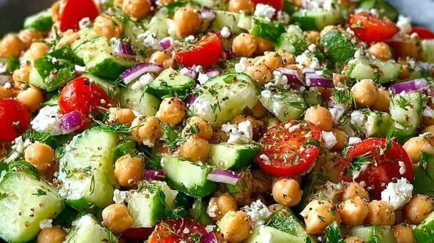 Chickpea cucumber salad with fresh ingredients in a bowl.