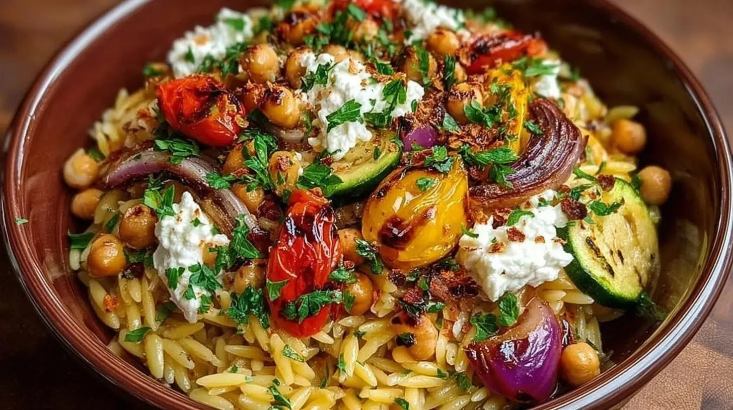Chickpea Orzo Bowl with goat cheese, roasted vegetables, and walnuts on a plate