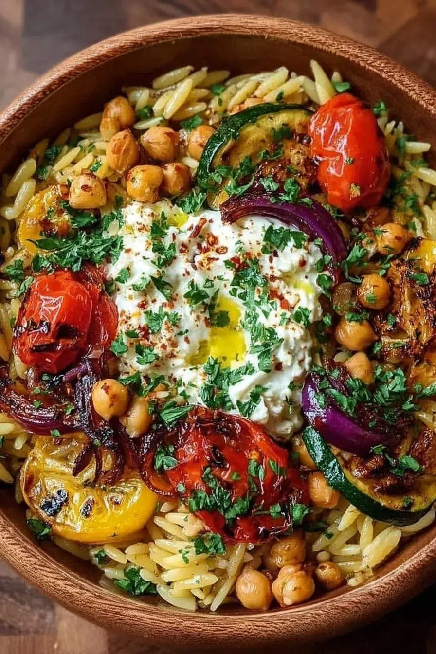 Chickpea & Orzo Bowl with Goat Cheese, Roasted Veggies & Walnuts