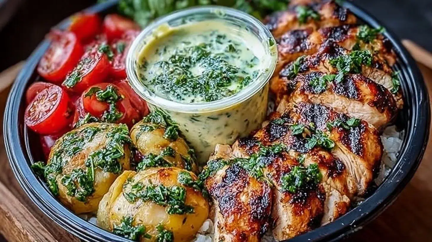 Chimichurri grilled chicken bowl with garlic sauce and fresh vegetables