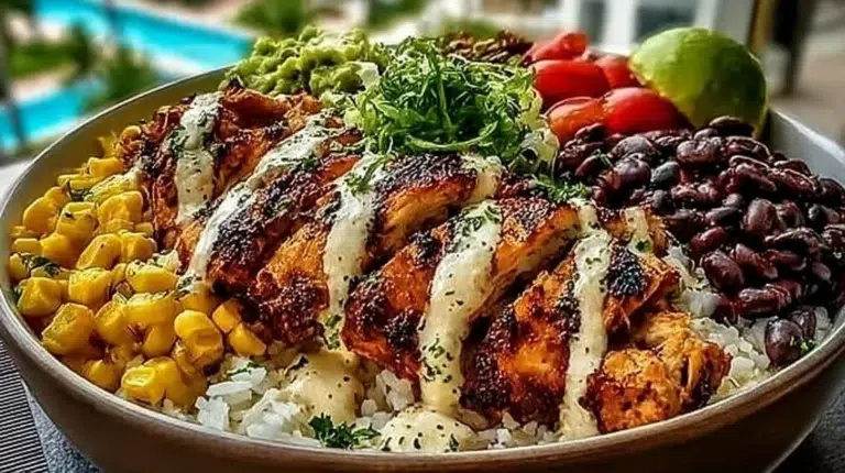 Chipotle Chicken Bowl topped with black beans, corn, and creamy sauce