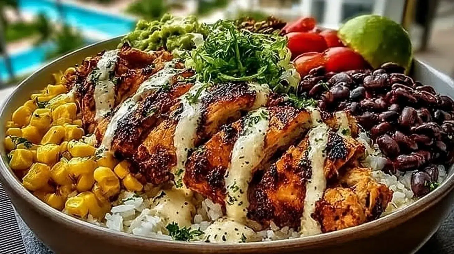 Chipotle Chicken Bowl topped with black beans, corn, and creamy sauce