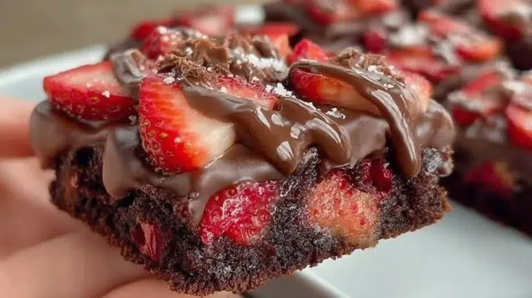 Delicious chocolate covered strawberry brownies topped with fresh strawberries.
