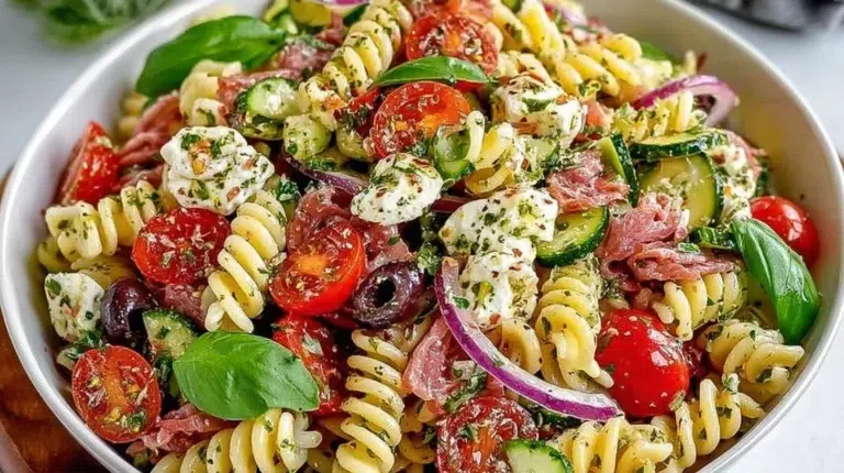 Classic Italian Pasta Salad with Fresh Veggies and Basil in a bowl