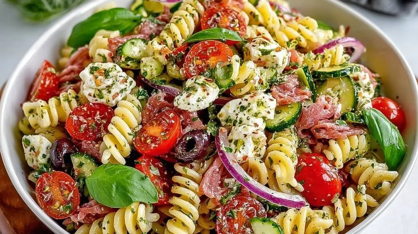 Classic Italian Pasta Salad with Fresh Veggies and Basil in a bowl