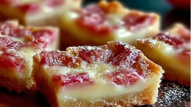 Delicious classic rhubarb custard bars served on a plate