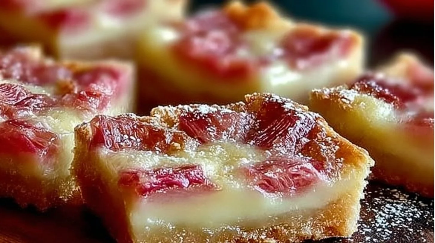 Delicious classic rhubarb custard bars served on a plate