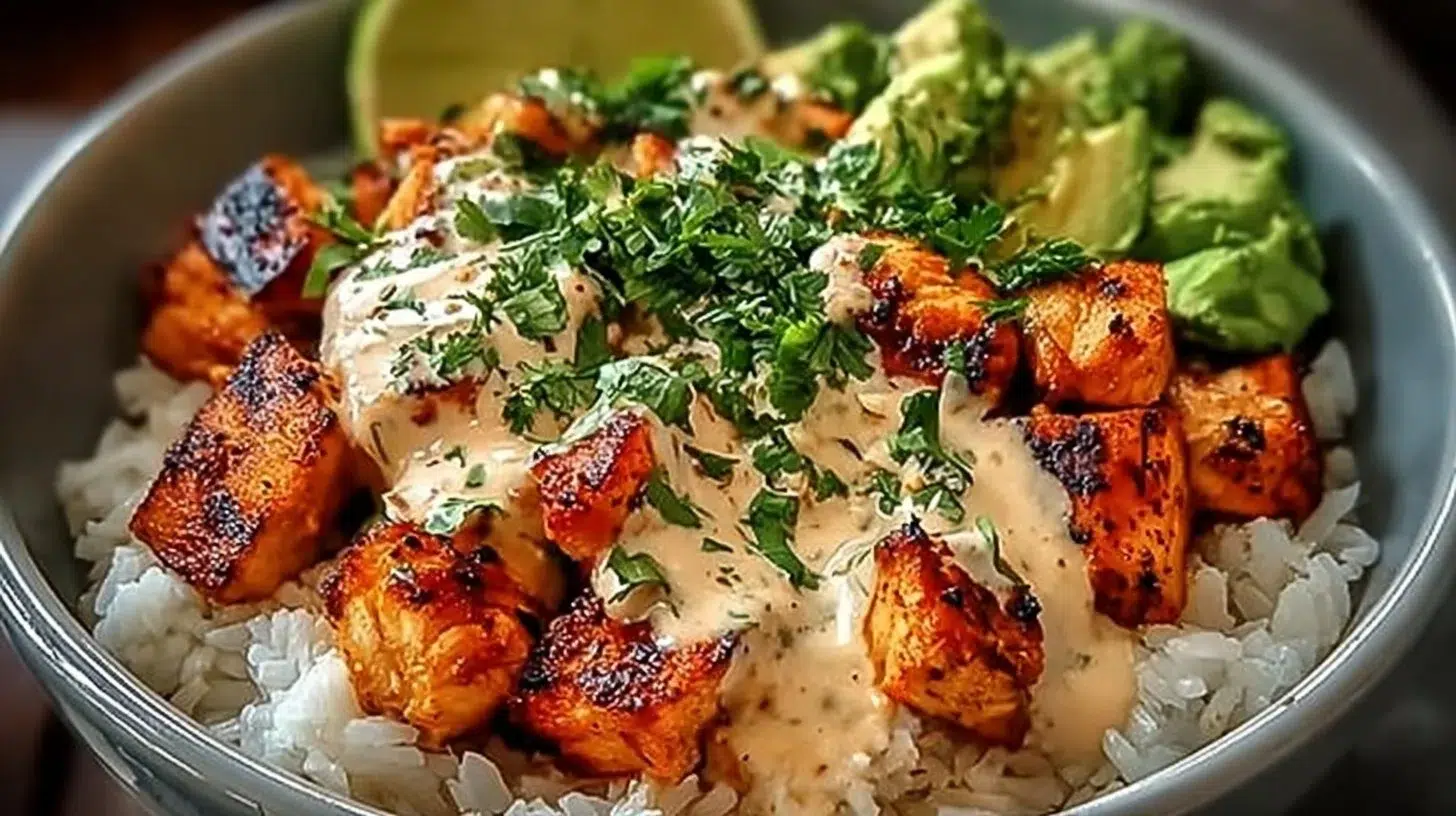 Coconut Chicken Rice Bowl with vibrant ingredients served in a bowl