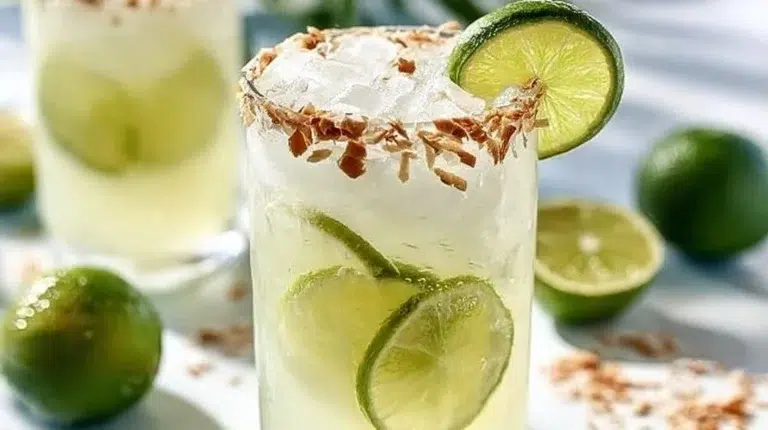 Refreshing Coconut Lime Refresher drink garnished with lime slices