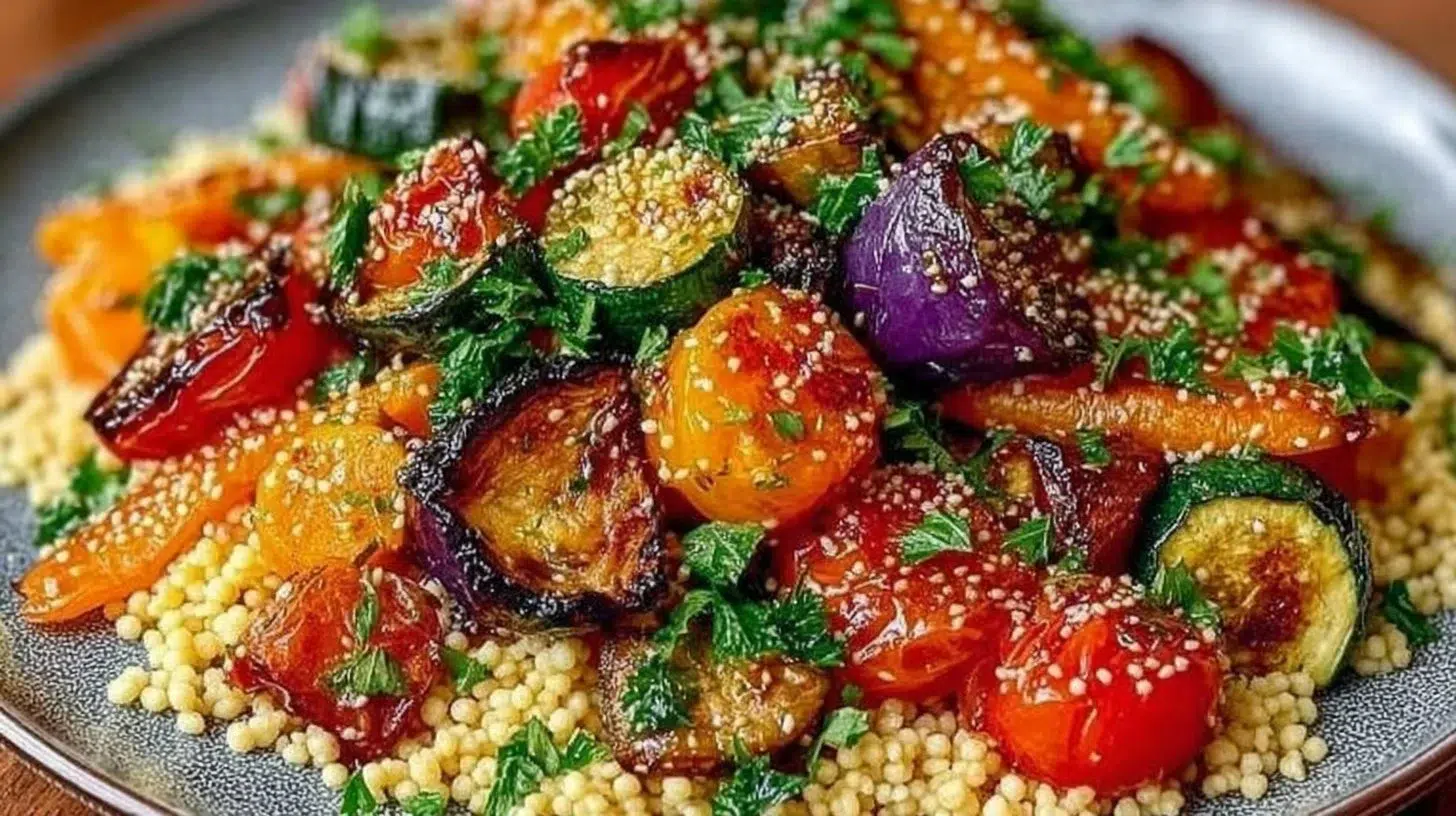 Colorful roasted vegetable couscous salad served in a bowl