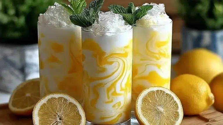 A refreshing glass of condensed milk lemonade served with lemon slices