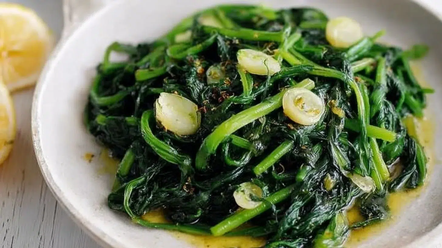 Freshly cooked dandelion greens served on a plate with a garnish