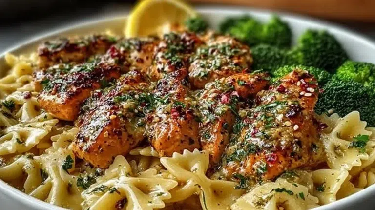 Delicious Cowboy Butter Lemon Bowtie Chicken served with broccoli on a plate