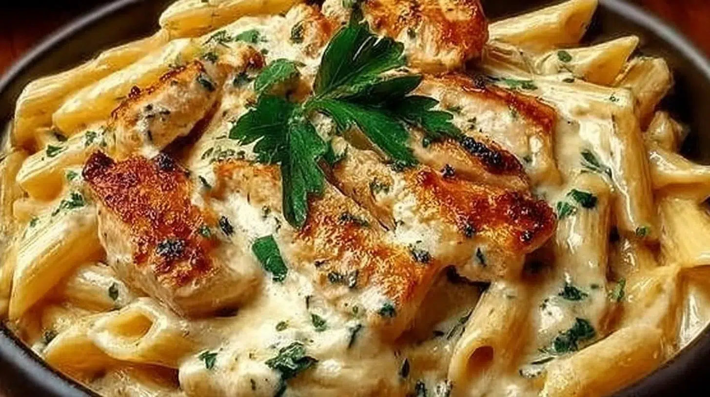 Delicious Cracked Chicken Penne served in a bowl with herbs and parmesan