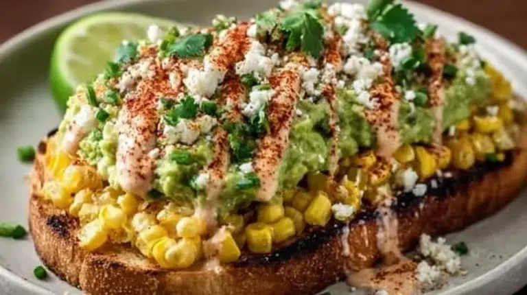 Creamy avocado and charred corn breakfast bowl garnished with herbs.