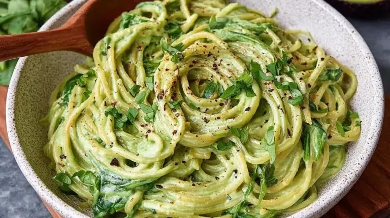Creamy avocado spinach garlic pasta in a skillet ready to serve.