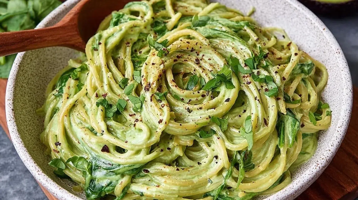 Creamy avocado spinach garlic pasta in a skillet ready to serve.