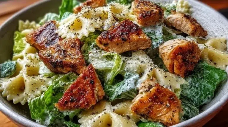 Delicious creamy Bowtie Chicken Caesar Salad recipe plated for a quick meal