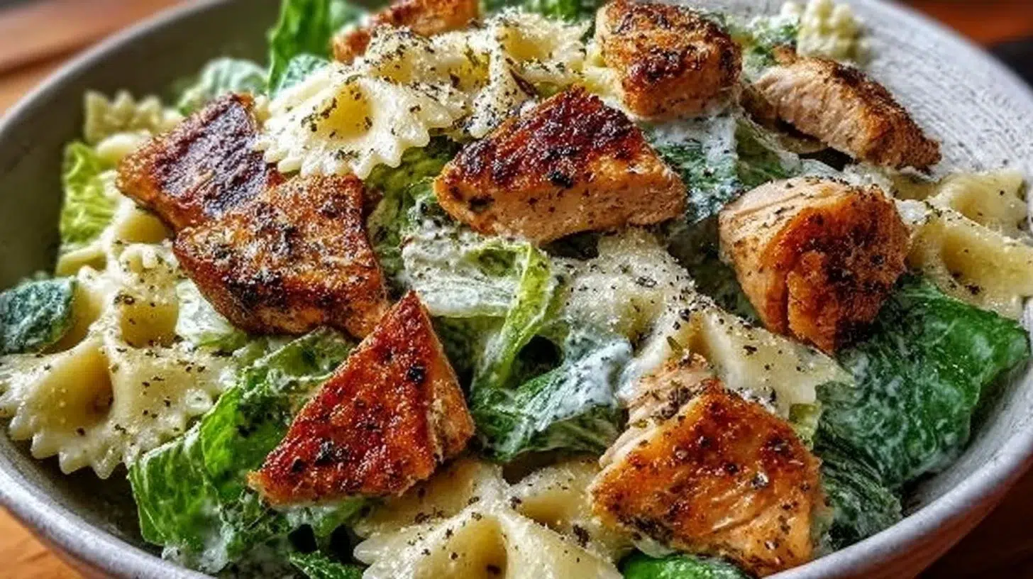 Delicious creamy Bowtie Chicken Caesar Salad recipe plated for a quick meal