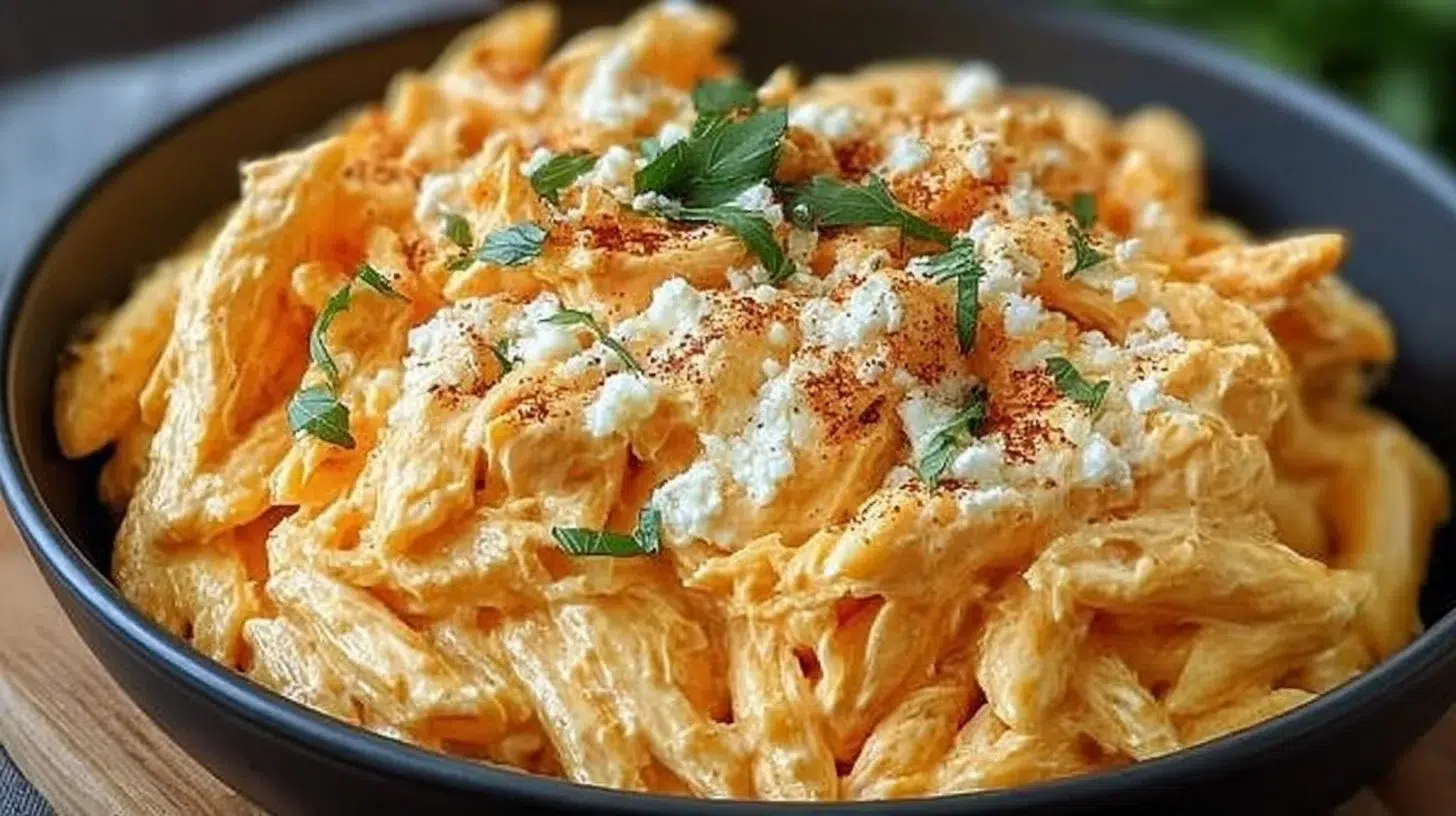 Creamy Buffalo Chicken Alfredo pasta topped with parsley in a plate