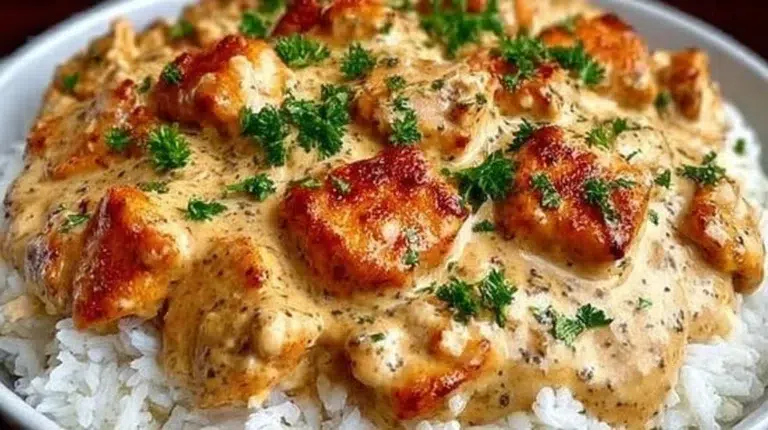 Creamy chicken and rice skillet with savory sauce served in a skillet.