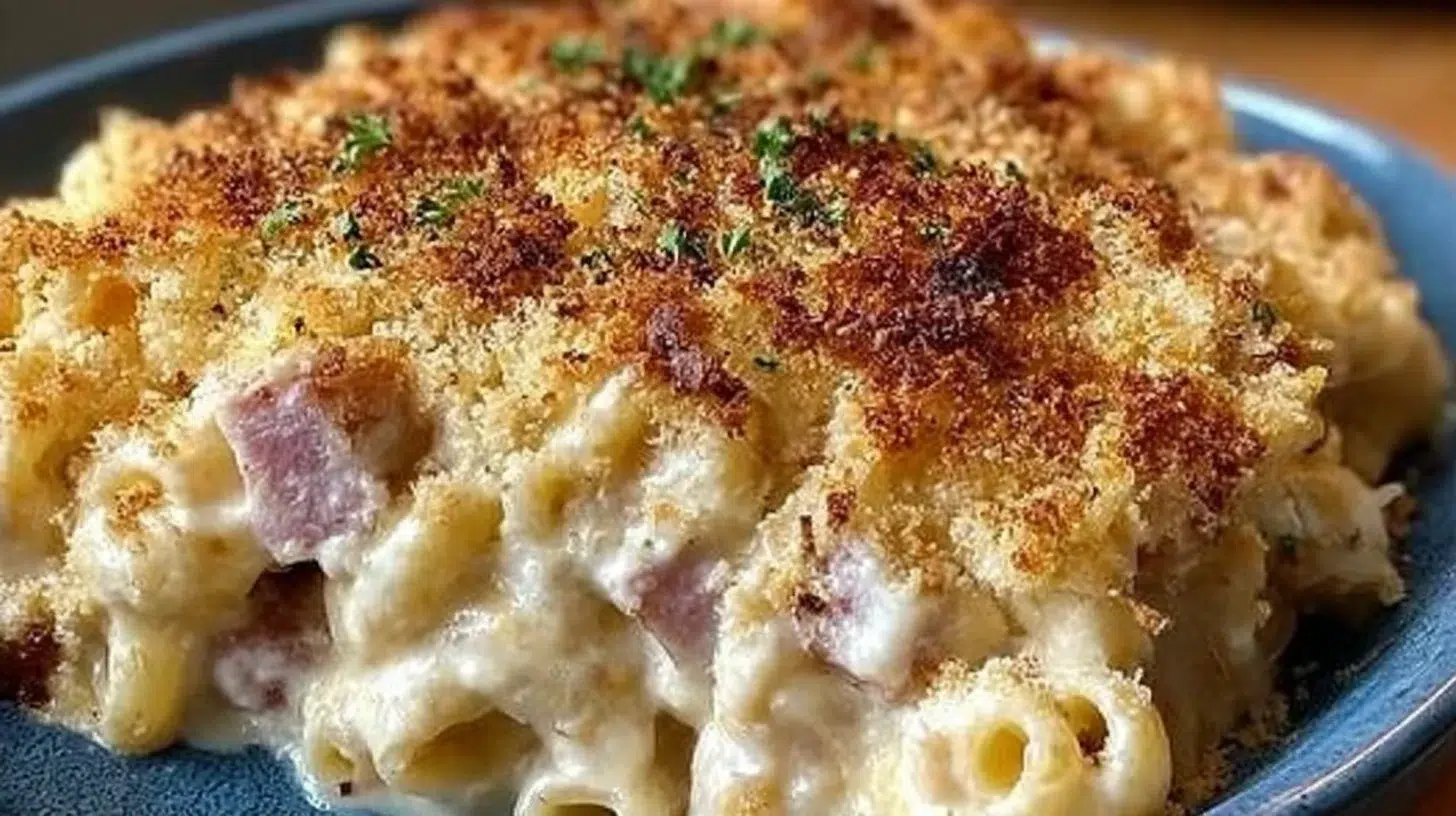 Creamy Chicken Cordon Bleu casserole with ham and Swiss cheese served in a dish