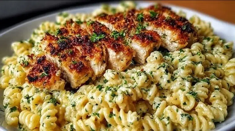 Creamy Chicken Garlic Parmesan Pasta dish with garlic and fresh herbs
