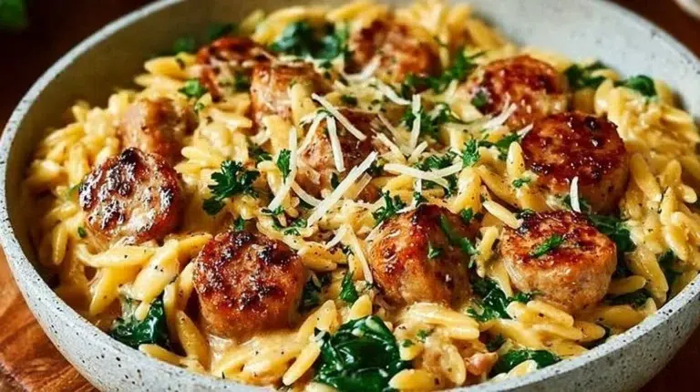 Creamy chicken sausage orzo in a skillet, a delicious one-pan dinner recipe
