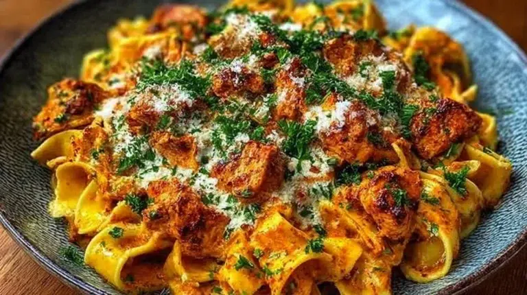 Creamy cowboy butter chicken pasta dish served with herbs and spices.