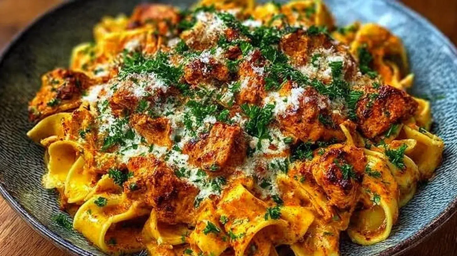 Creamy cowboy butter chicken pasta dish served with herbs and spices.