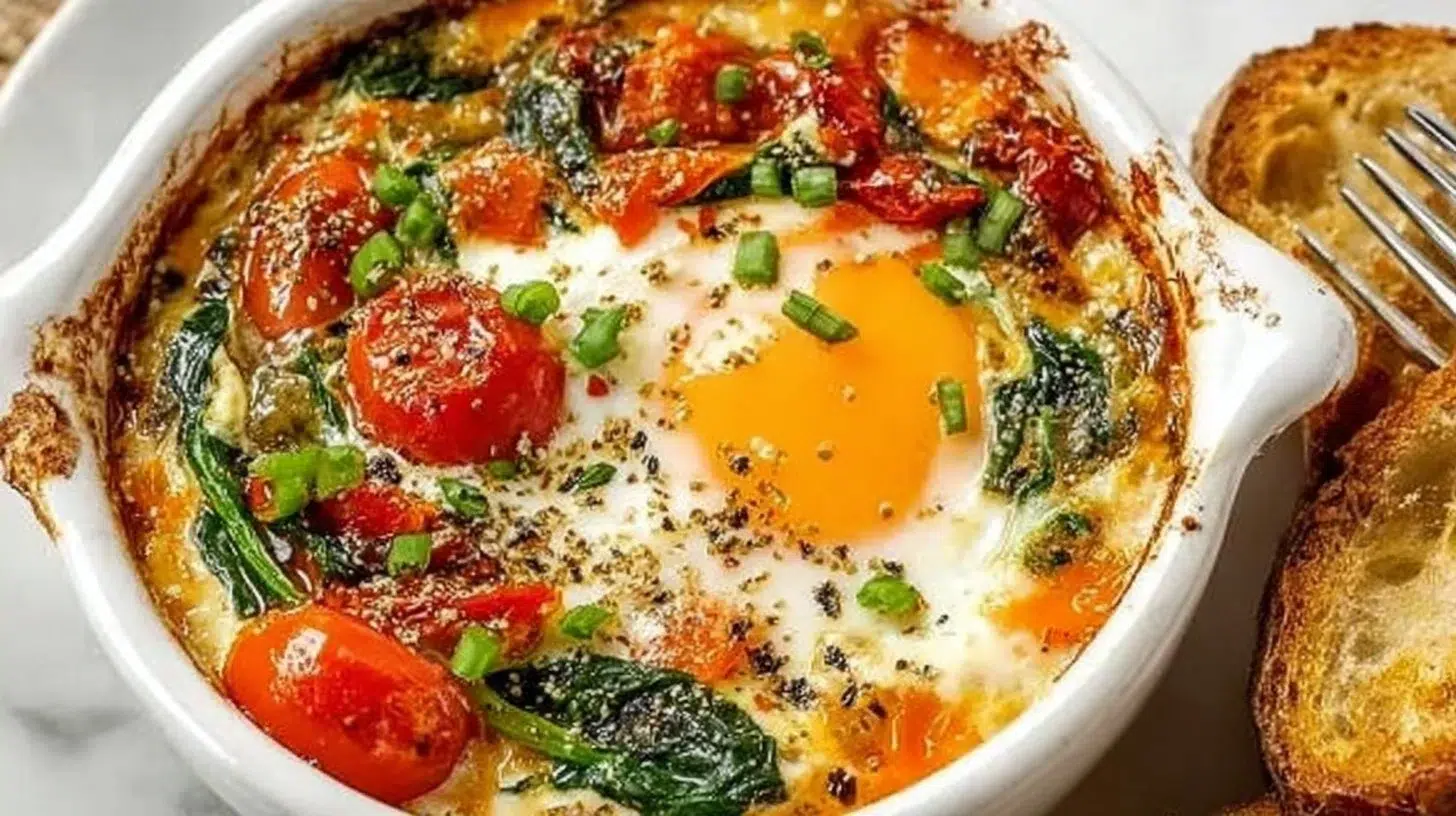 Creamy feta eggs baked with tomatoes, spinach, and herbs in a skillet