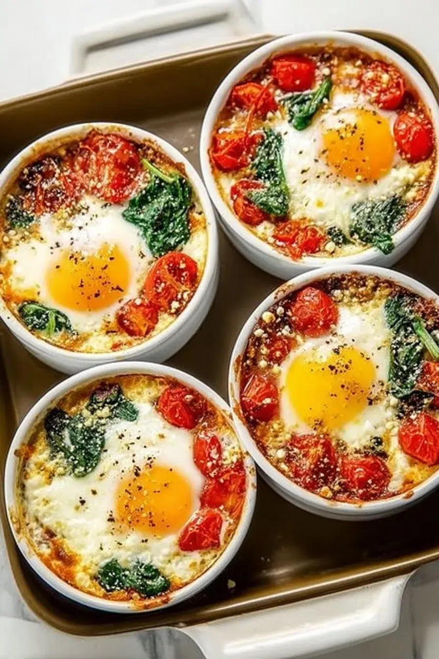 Baked Feta Eggs with Tomatoes and Spinach
