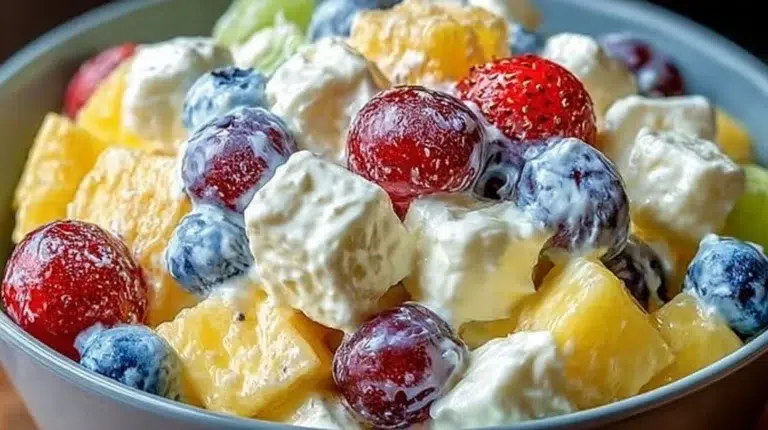 Creamy fruit salad with colorful fruits and a rich dressing