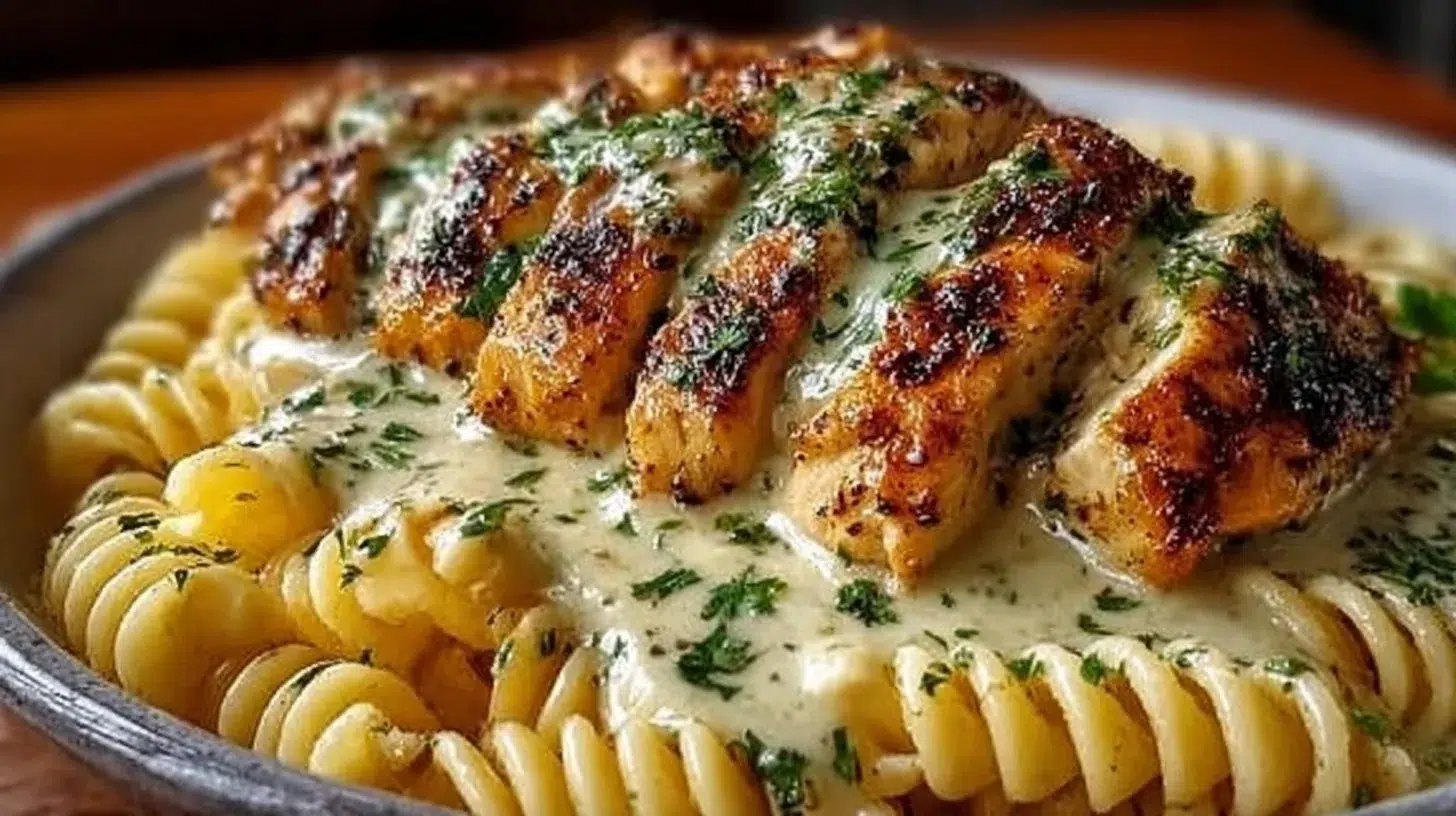 Creamy garlic butter chicken served over rotini pasta in parmesan sauce