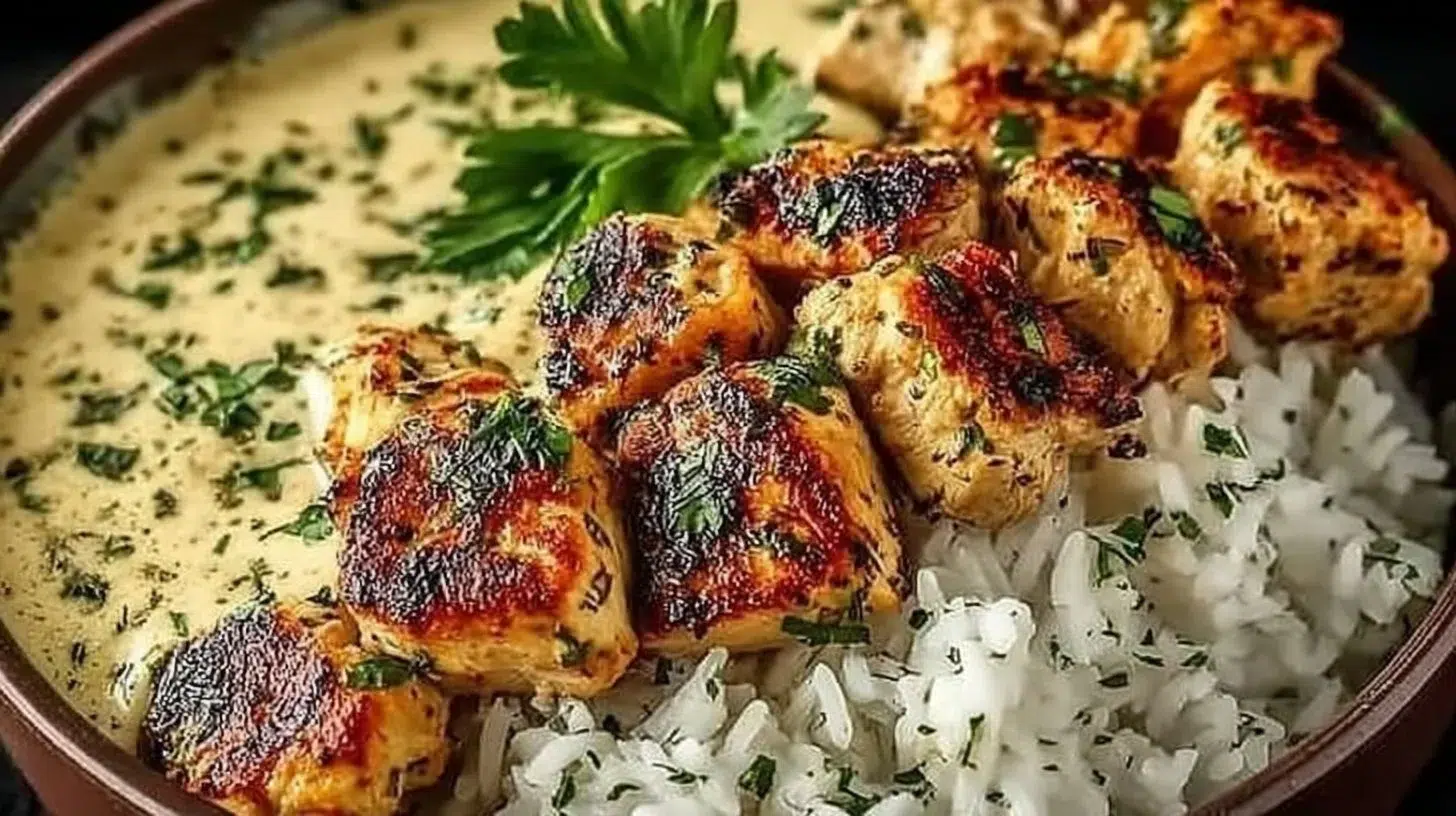 Creamy garlic chicken bowls topped with fresh herbs in a warm serving dish