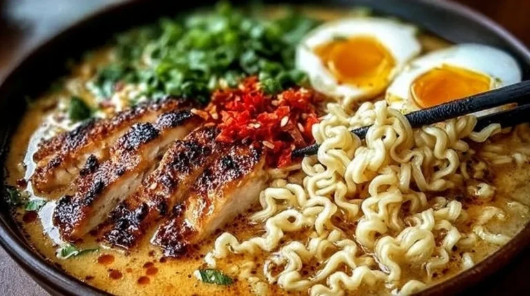 Bowl of creamy garlic chicken ramen topped with fresh herbs and vegetables