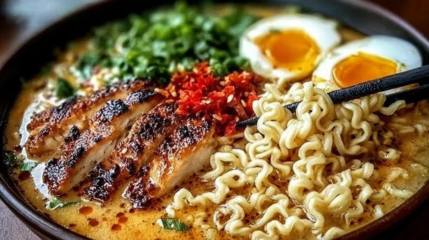 Bowl of creamy garlic chicken ramen topped with fresh herbs and vegetables