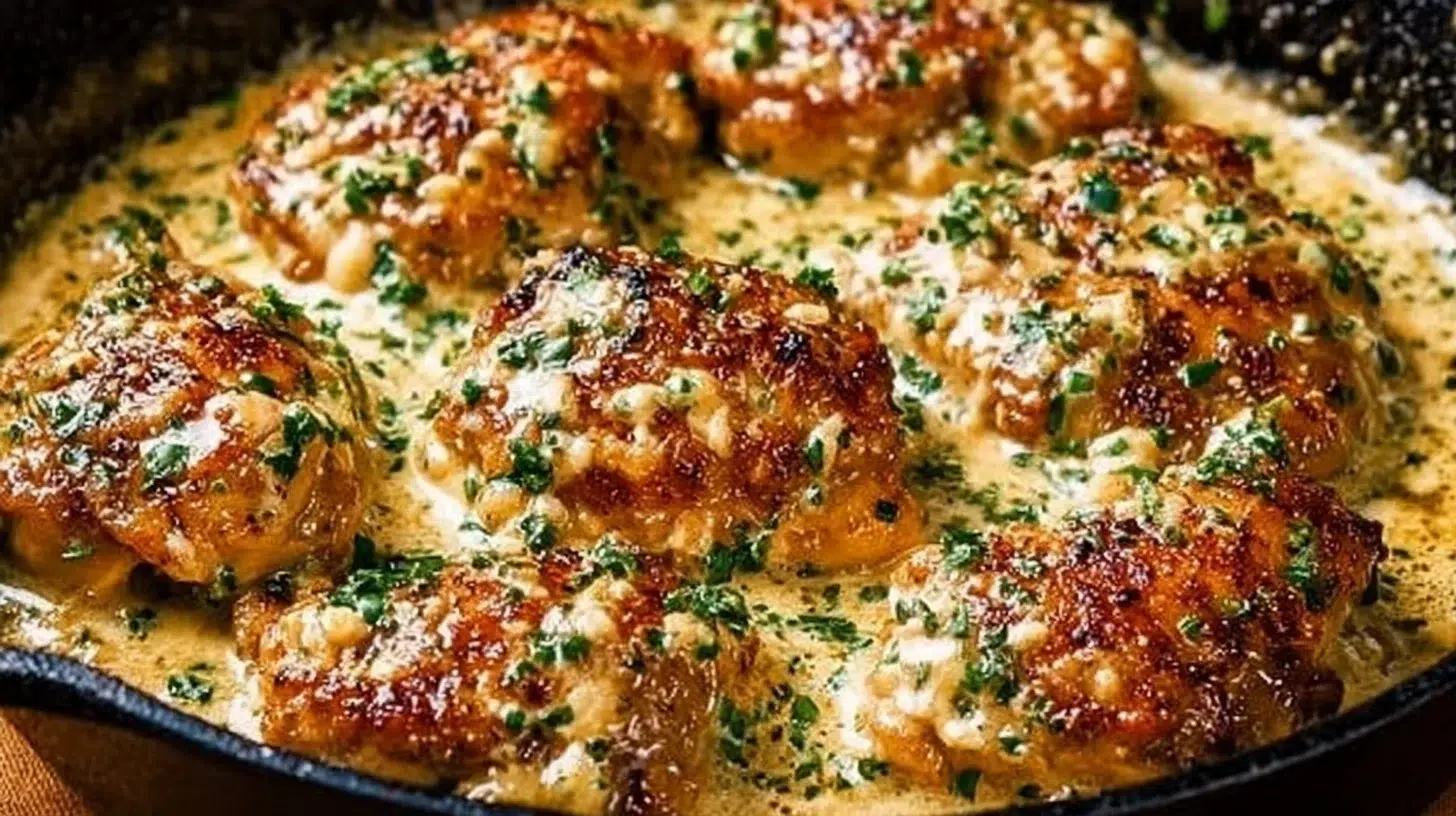 Creamy garlic chicken thighs served with herbs and vegetables