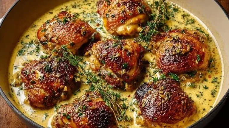 Creamy garlic chicken thighs beautifully plated, ready to serve.