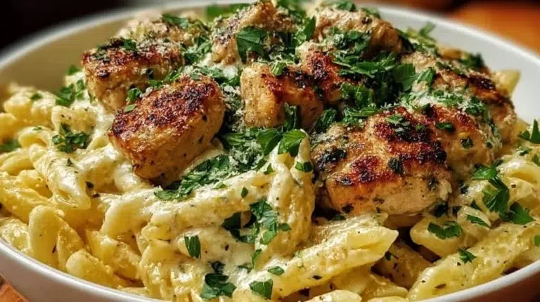 Creamy garlic parmesan chicken pasta served in a bowl, garnished with parsley